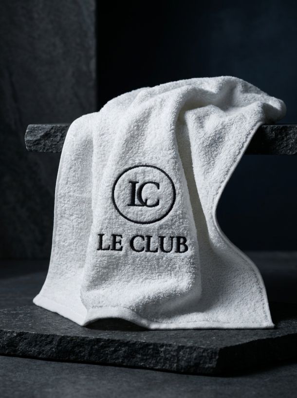 Serviette éponge blanche pliée avec broderie noire du logo Le Club.