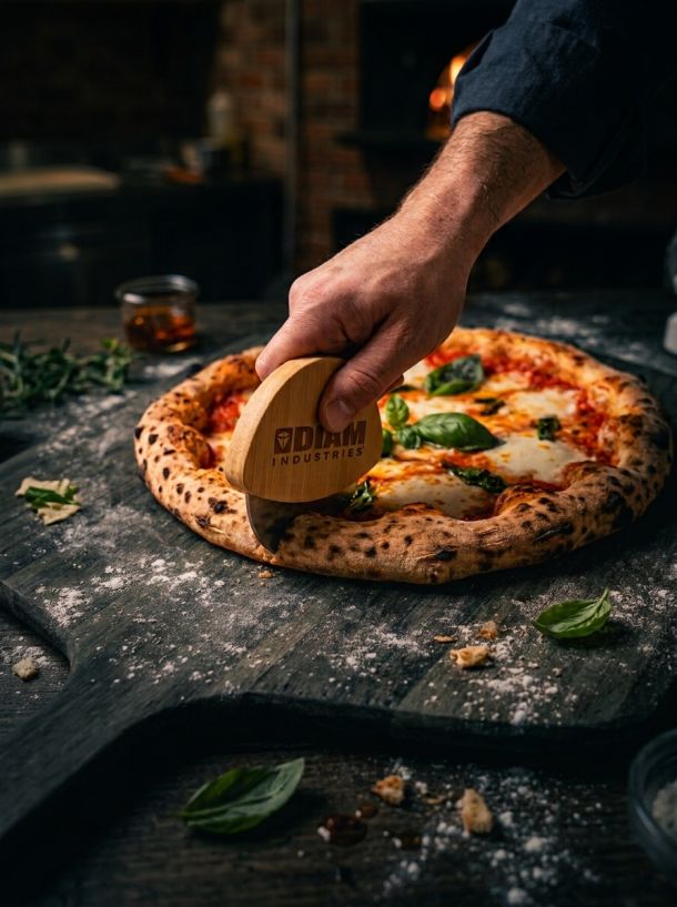 Main coupant une pizza Margherita fraîchement cuite avec une roulette à pizza en bois marquée Diam Industries.