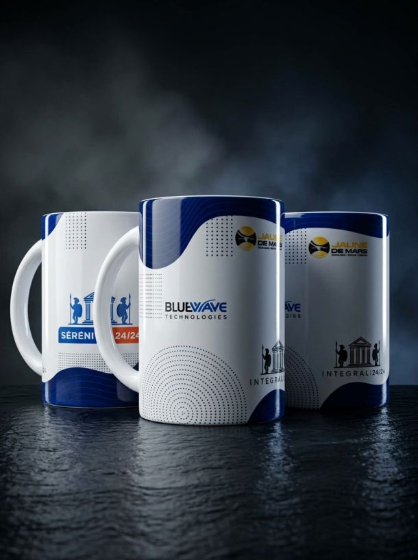 Mug publicitaire avec impression personnalisée à 360 degrés pour différentes marques d'un même groupe.
