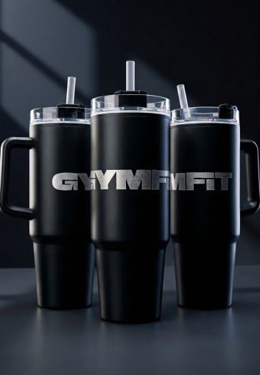 Grand travel mug noir avec paille et poignée gravé au logo GYMFIT.