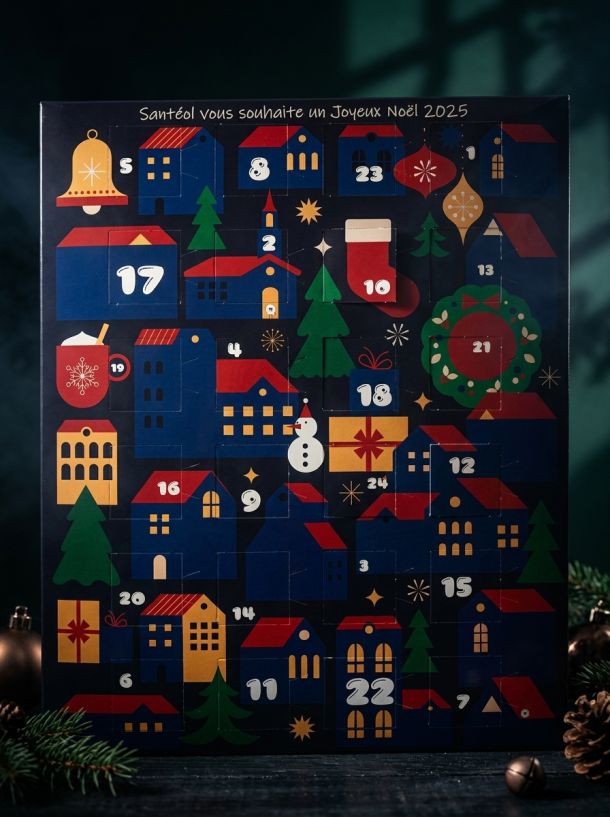 Calendrier de l'Avent d'entreprise personnalisé par Santéol avec un décor de village de Noël sous la neige.