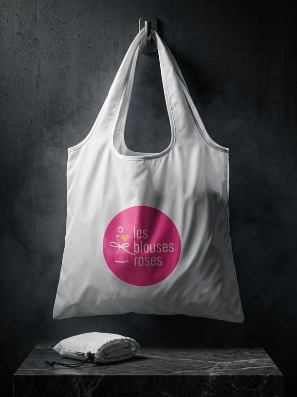 Sac shopping pliable blanc personnalisé avec le logo rose de l'association Les Blouses Roses.