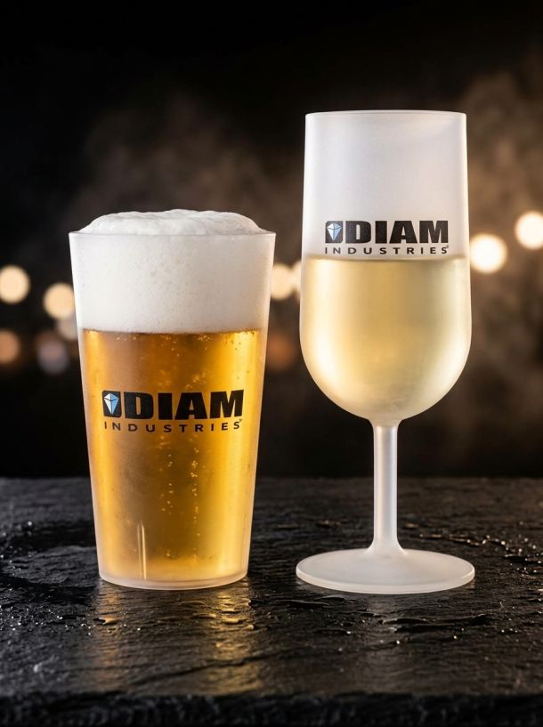 Verre à bière et verre à vin réutilisables d'aspect givré, personnalisés pour Diam Industries.