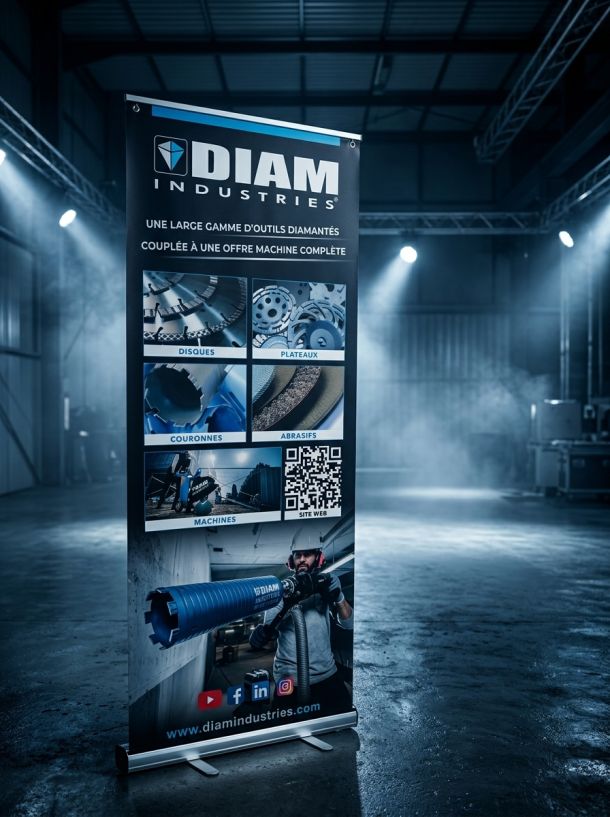 Roll-up publicitaire personnalisé Diam Industries affichant des outils diamantés dans un atelier.